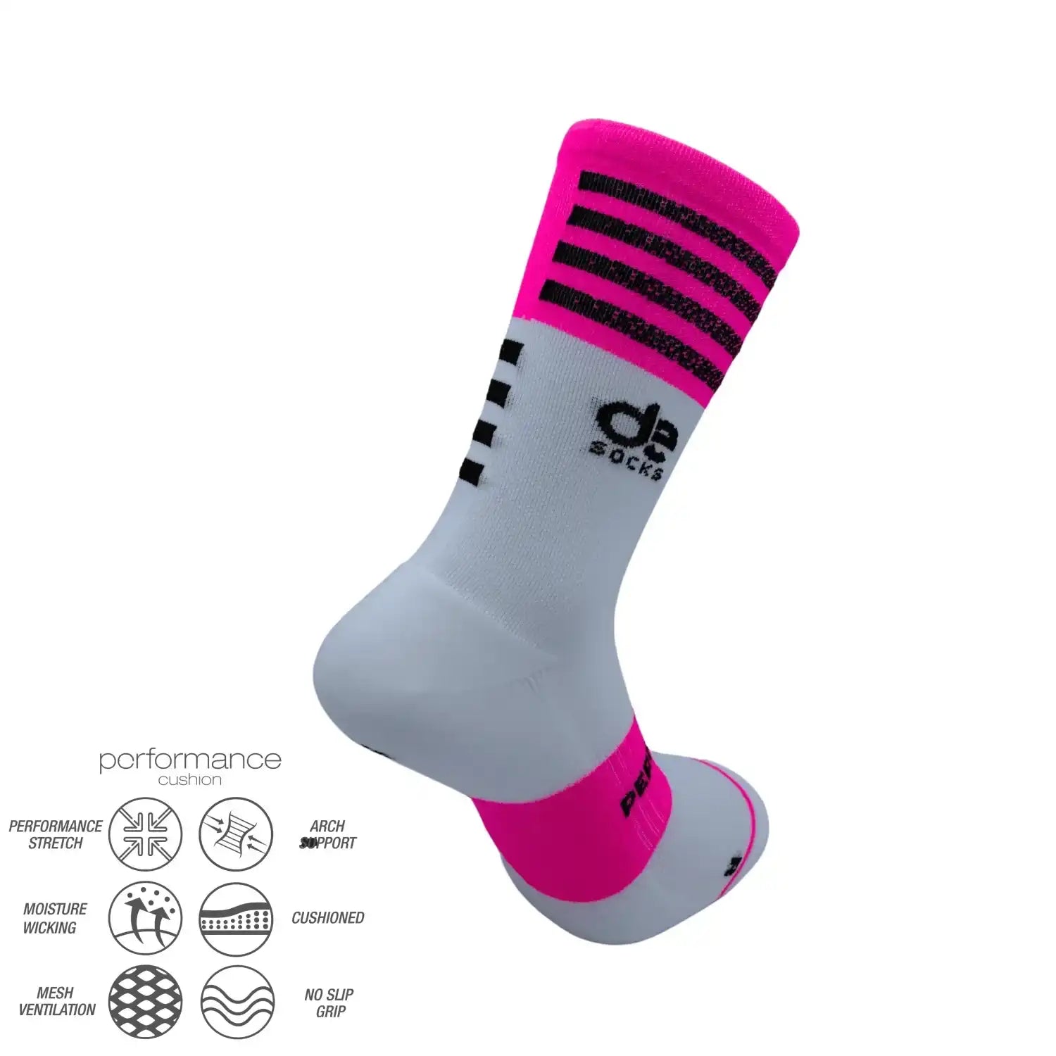 Performance athletic socks with pink and gray design, moisture-wicking and cushioned for running or cycling