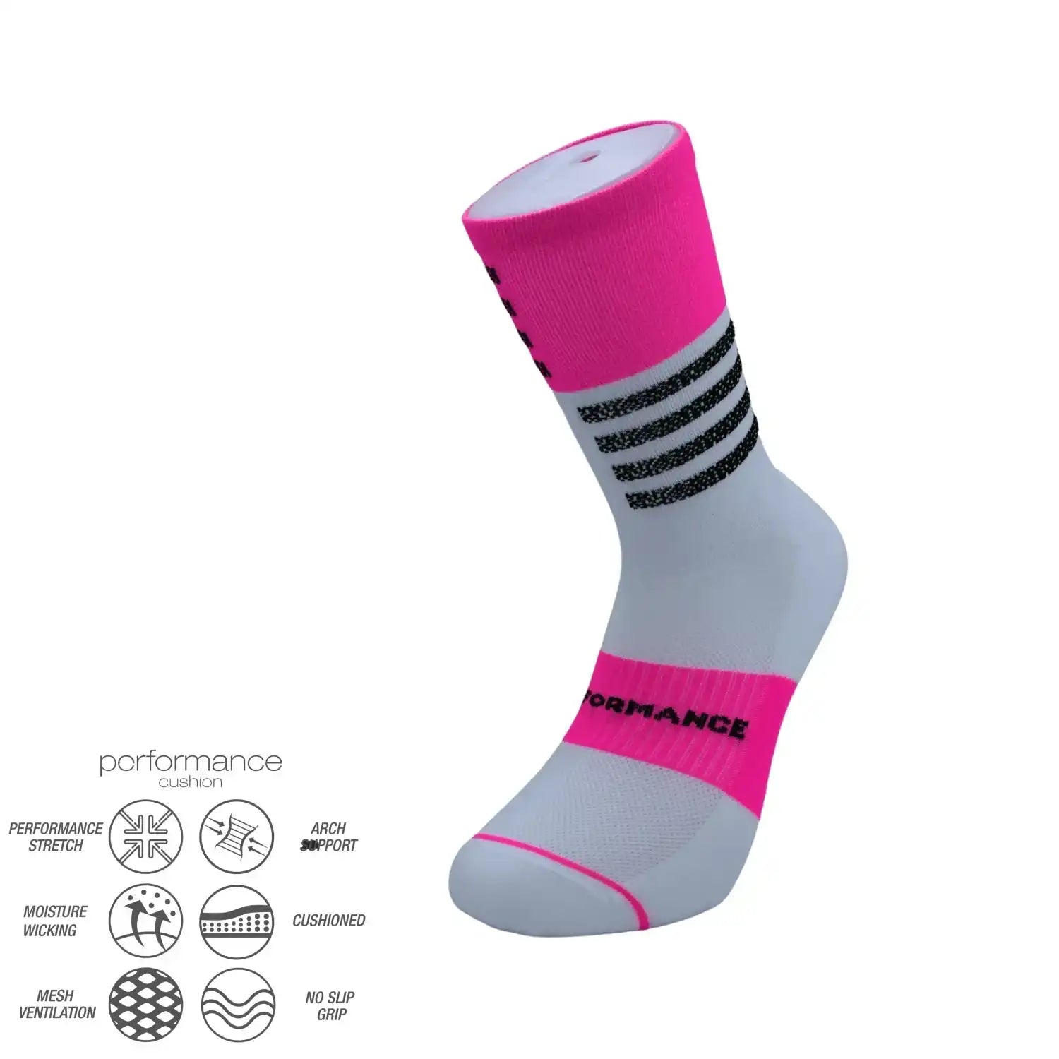 Pink and white performance athletic sock with moisture-wicking and cushioned features for running or training