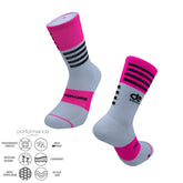 Pink and gray performance athletic socks with moisture-wicking and cushioned support for running, cycling, and training.