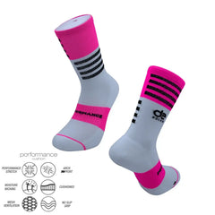 Pink and gray performance athletic socks with moisture-wicking and cushioned support for running, cycling, and training.