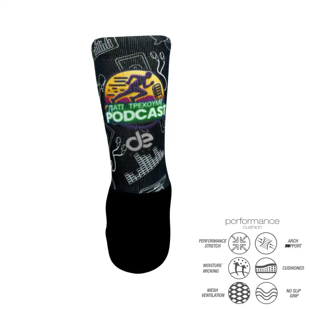Custom performance sock with podcast graphic, moisture-wicking, cushioned, arch support, no-slip grip for running or training