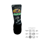 Custom performance sock with podcast graphic, moisture-wicking, cushioned, arch support, no-slip grip for running or training