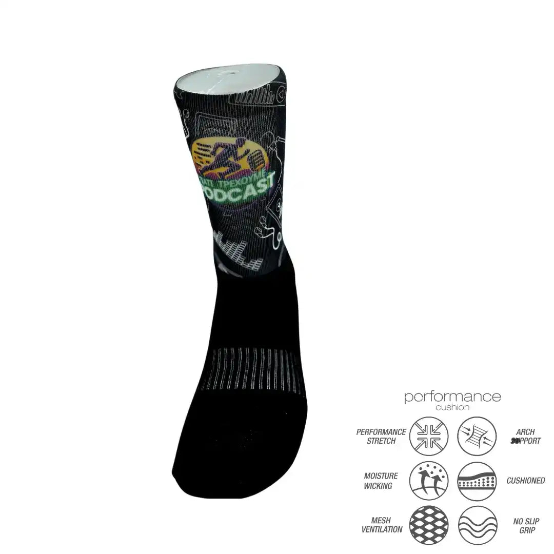Black performance athletic sock with podcast design, moisture-wicking, cushioned, and arch support features