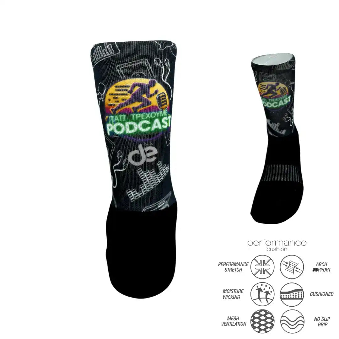 Performance athletic socks with podcast graphic, moisture-wicking, cushioned, arch support, mesh ventilation