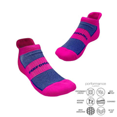Pink and blue performance athletic socks with moisture-wicking and cushioned features for running or training.