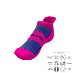 Pink and blue performance athletic socks with moisture-wicking and cushioned features for running or training.