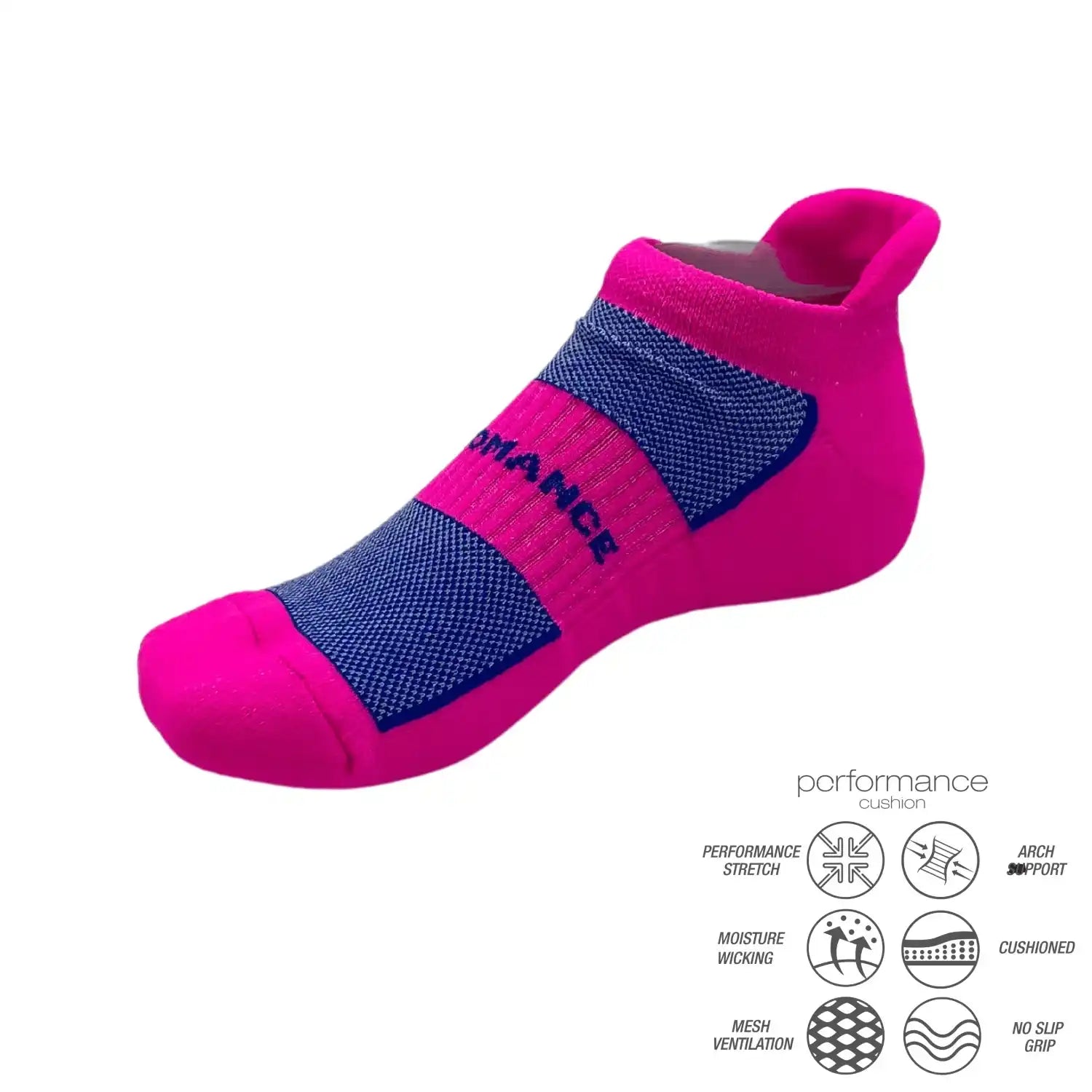 Pink and blue performance athletic sock with cushioned arch support, moisture-wicking, and mesh ventilation for running, cycling, tennis