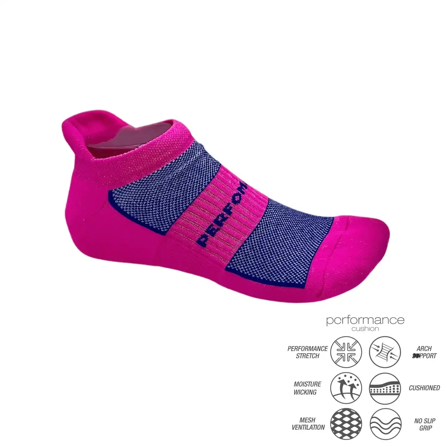 Pink and blue performance athletic sock with moisture-wicking, cushioned, and no-slip grip features for running, cycling, tennis