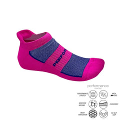 Pink and blue performance athletic sock with moisture-wicking, cushioned, and no-slip grip features for running, cycling, tennis