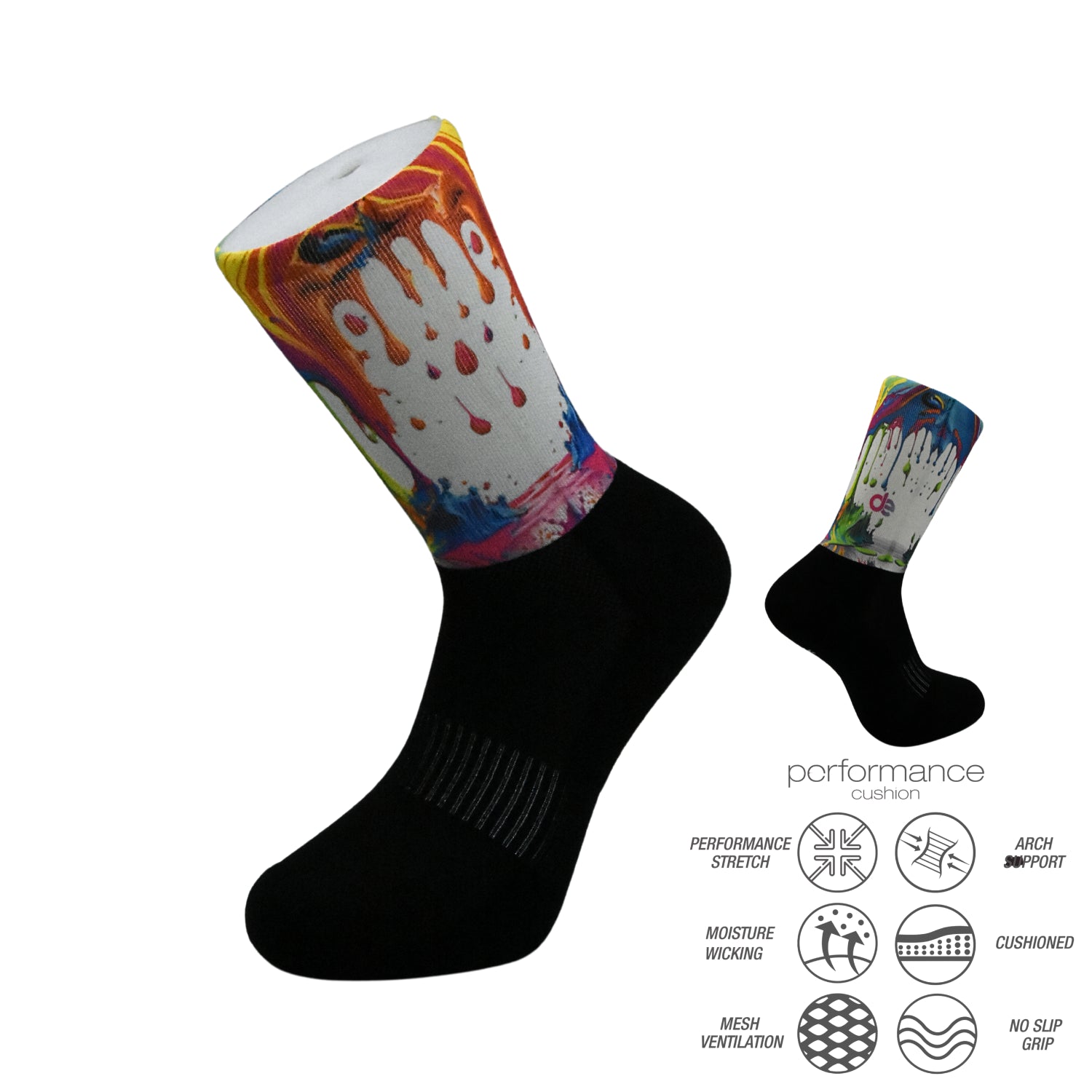 Κάλτσες τρεξίματος με εκτύπωση dynamic rain colors printed crew σε μαύρη βάση με πολύχρωμο σχέδιο και τεχνολογία απορρόφησης κραδασμών.