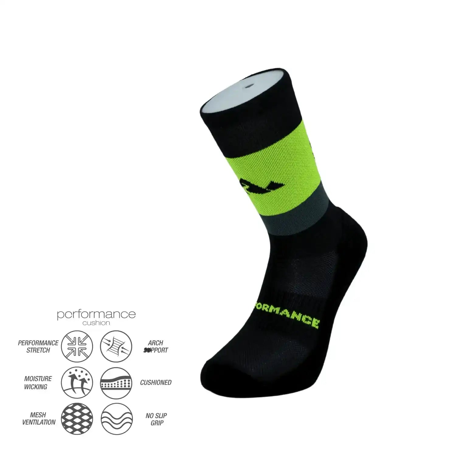 Performance athletic socks with neon green accents, cushioned arch support, and moisture-wicking design