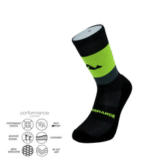 Performance athletic socks with neon green accents, cushioned arch support, and moisture-wicking design