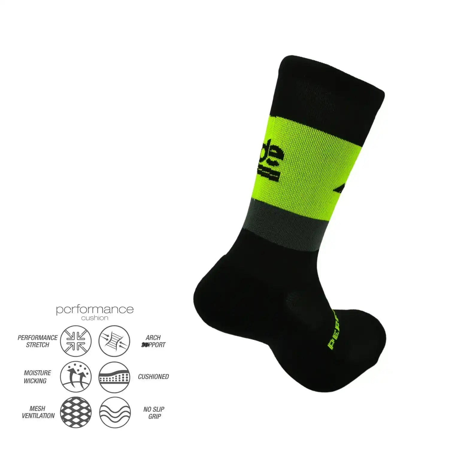High-performance athletic sock with neon green and black design, featuring arch support and moisture-wicking technology