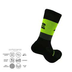 High-performance athletic sock with neon green and black design, featuring arch support and moisture-wicking technology