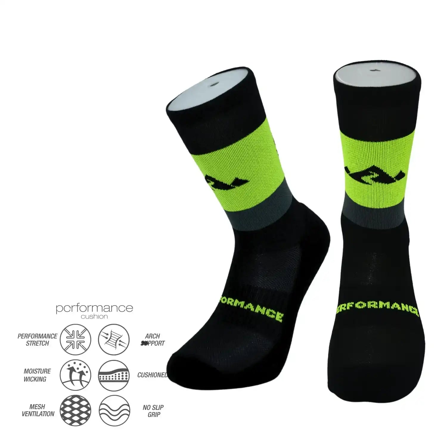 Black and neon green performance athletic socks with cushioned support, moisture-wicking, and arch support features
