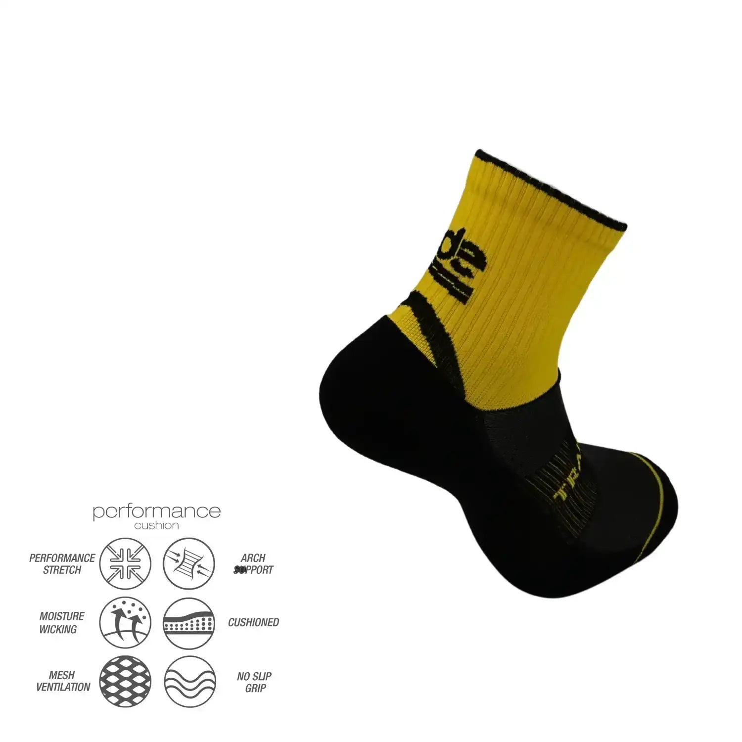 Yellow and black performance athletic sock with cushioned arch support, moisture-wicking, and no-slip grip for running or training