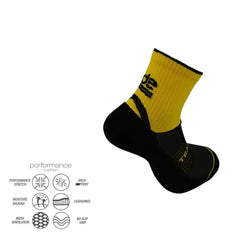Yellow and black performance athletic sock with cushioned arch support, moisture-wicking, and no-slip grip for running or training
