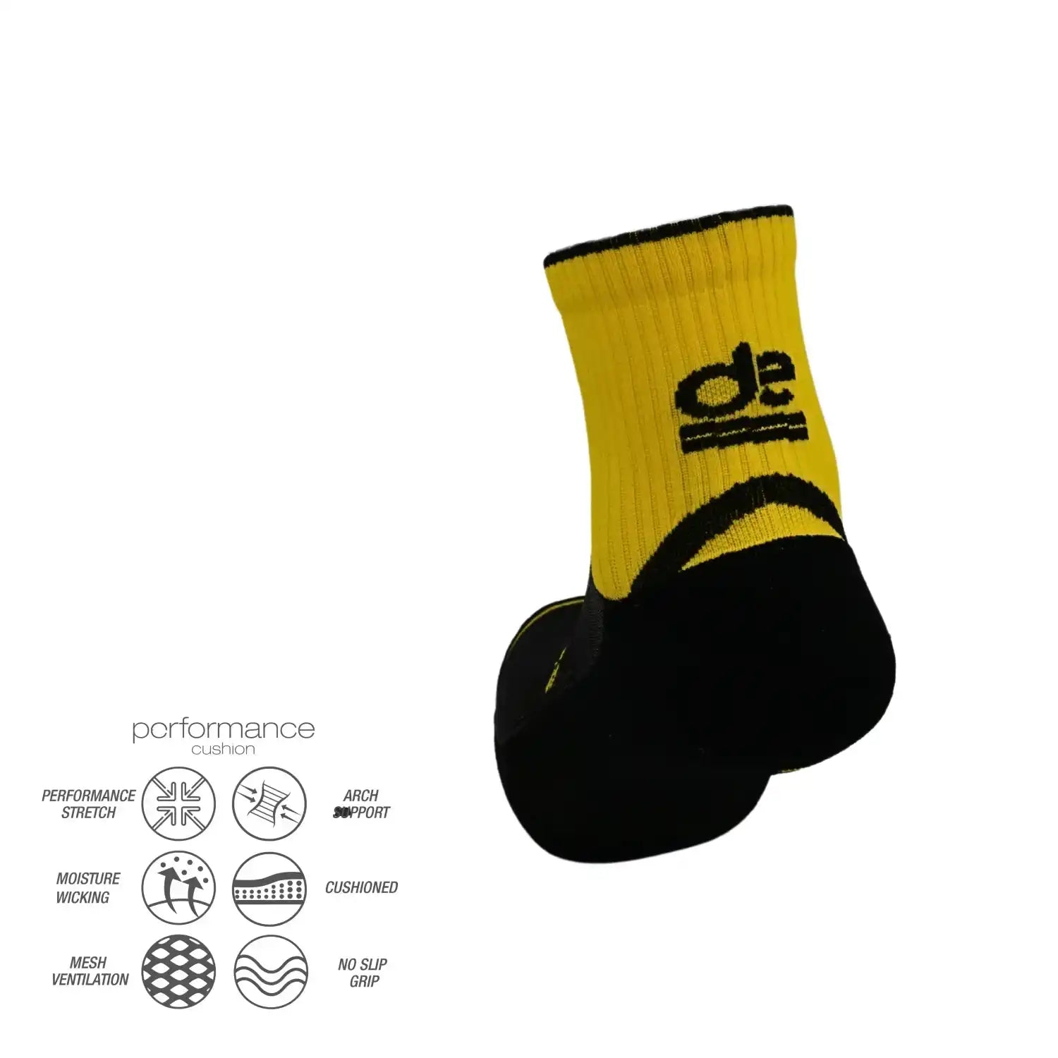 Yellow and black performance athletic socks with cushioned support and moisture-wicking features