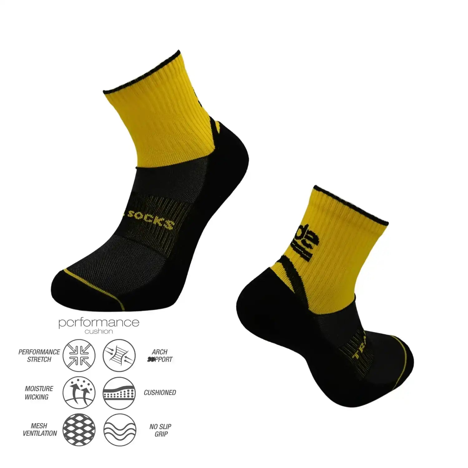 Yellow and black athletic performance socks with cushioned support and moisture-wicking features