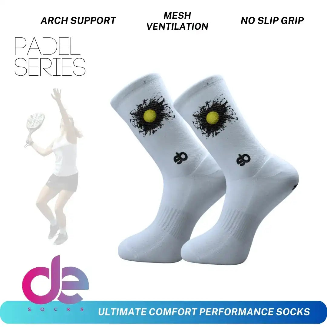 White padel performance socks with arch support, mesh ventilation, no slip grip, and tennis ball design
