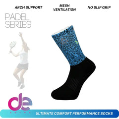 Blue patterned padel performance sock with arch support, mesh ventilation, and no-slip grip for ultimate comfort