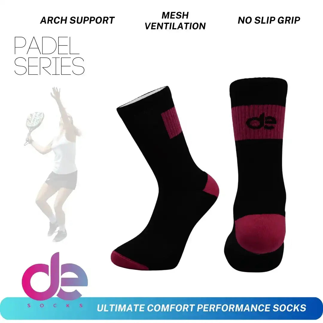 Black and pink padel performance socks with arch support, mesh ventilation, no slip grip for ultimate comfort