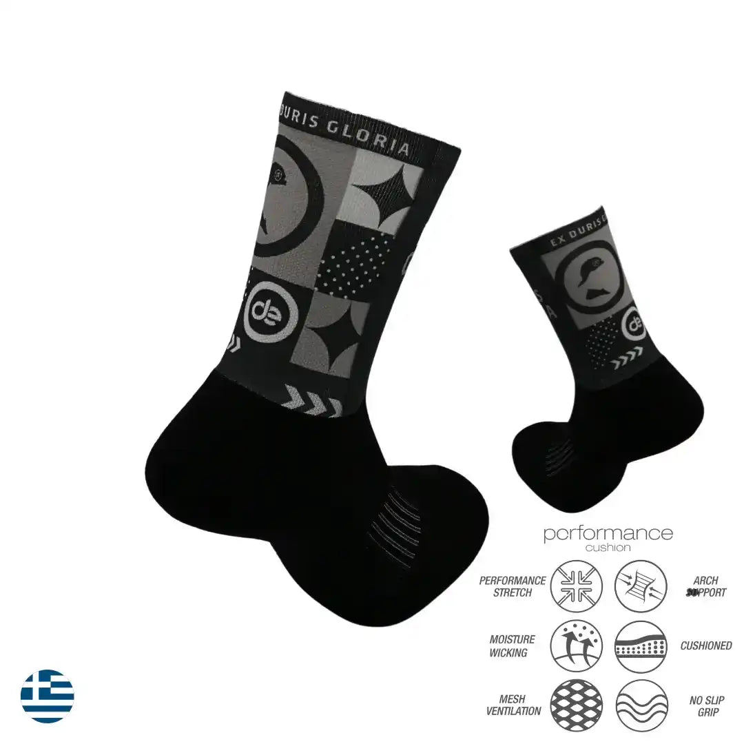 Black athletic performance socks with geometric pattern, moisture-wicking, cushioned, arch support, no-slip grip