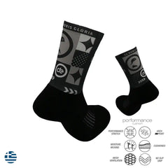 Black athletic performance socks with geometric pattern, moisture-wicking, cushioned, arch support, no-slip grip