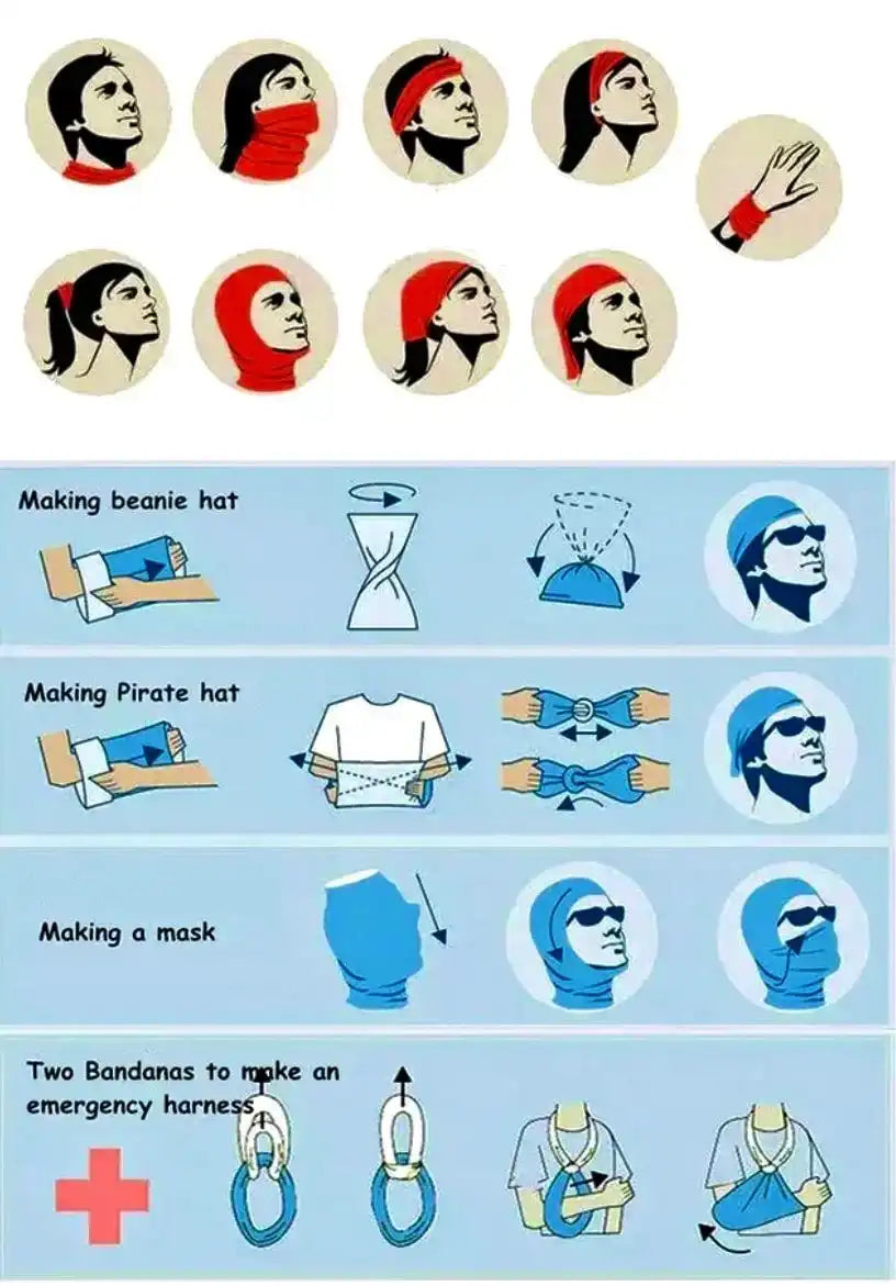 Instructions for styling bandanas as hats, masks, and emergency harnesses for athletic use