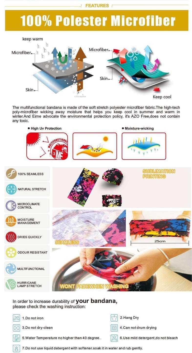 100% polyester microfiber bandana with moisture-wicking, UV protection, seamless design, and vibrant sublimation print for athletic use