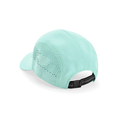 Mint green athletic cap with perforated side panels and black adjustable strap for running or training