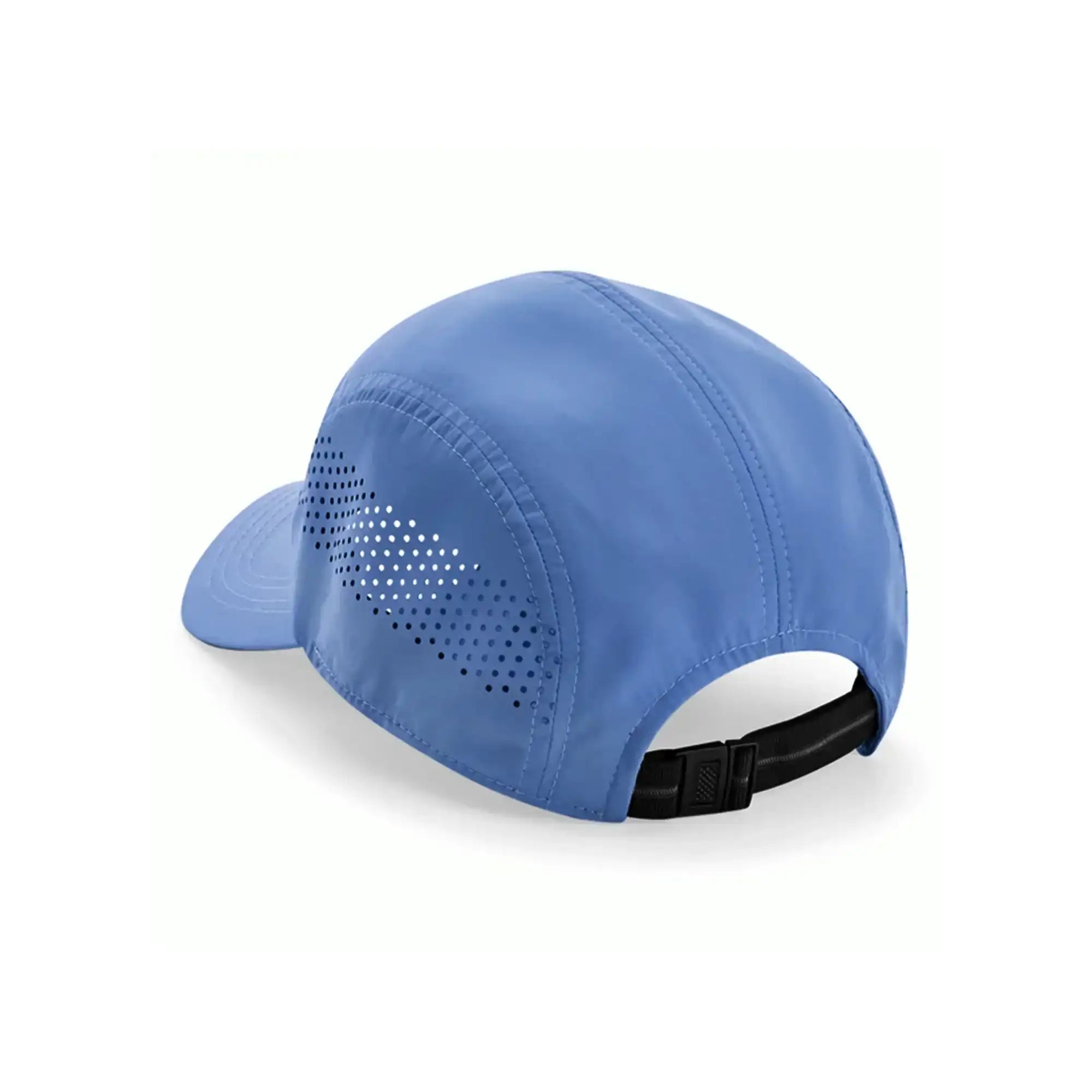 Blue athletic cap with perforated ventilation and adjustable strap for sports activities