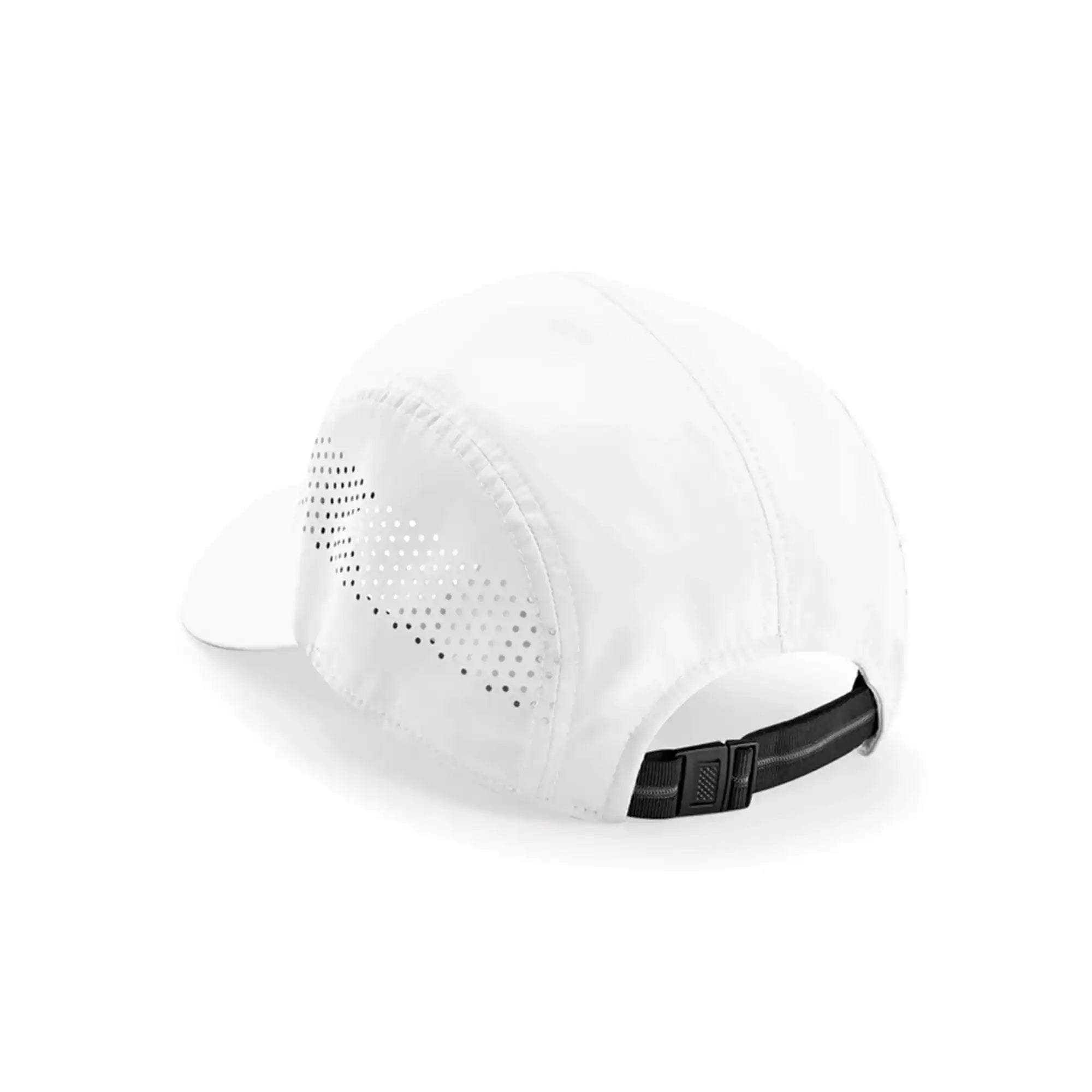 White athletic cap with perforated ventilation and adjustable black strap for running or training