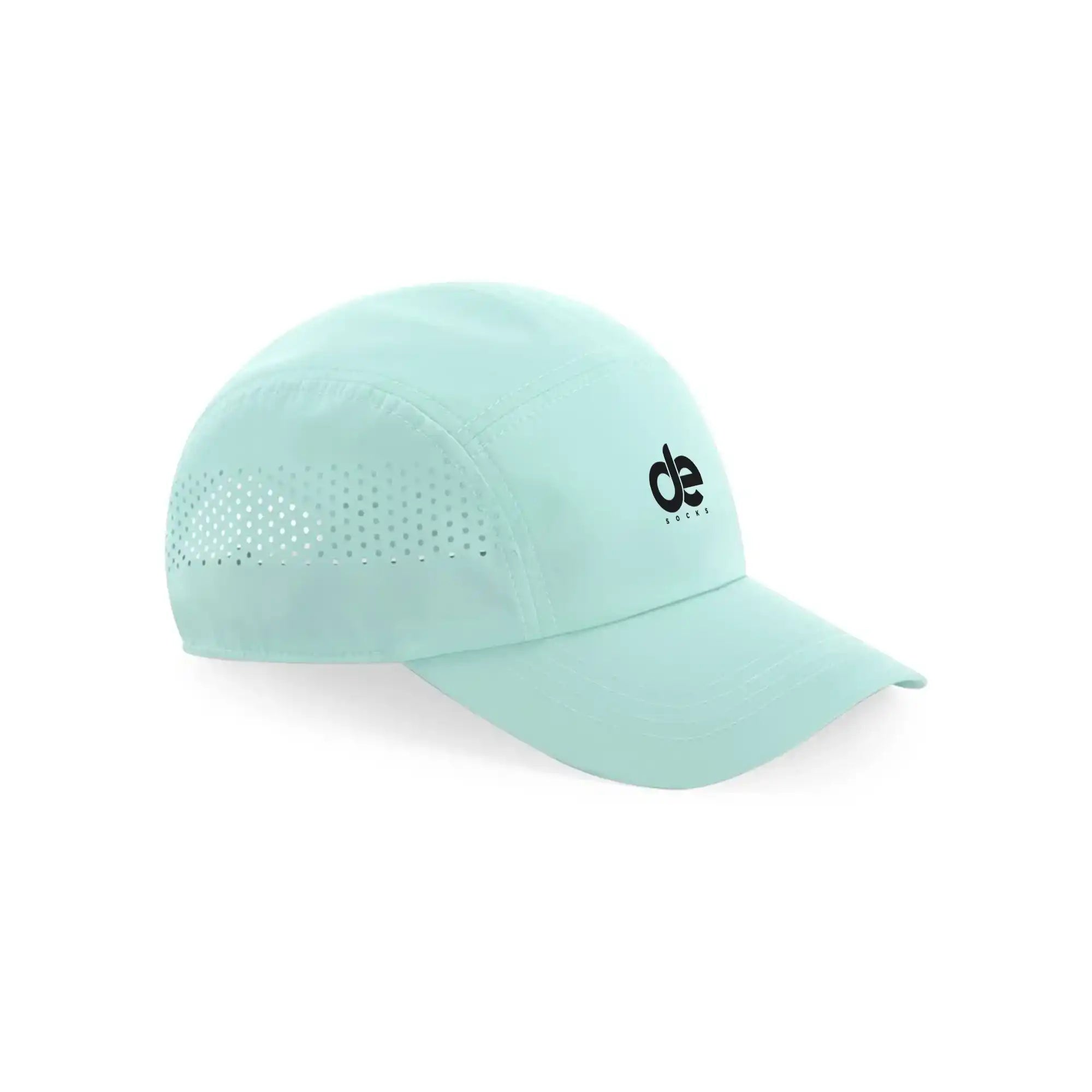 Mint green athletic cap with perforated side panels and 'de socks' logo, ideal for running or training.