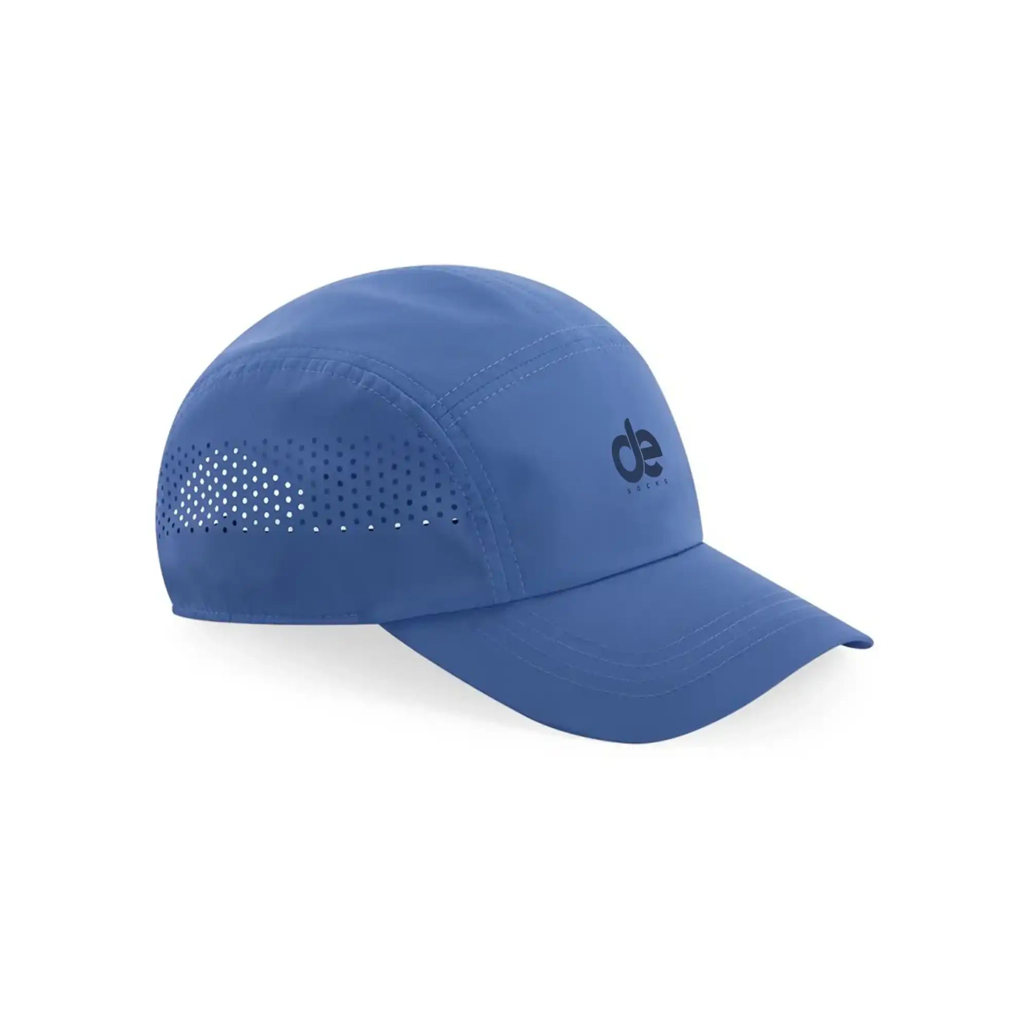 Blue athletic cap with perforated design and logo for sports performance