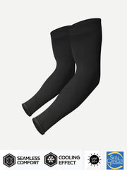 Black athletic compression sleeves with seamless comfort, cooling effect, and UPF 50+ protection