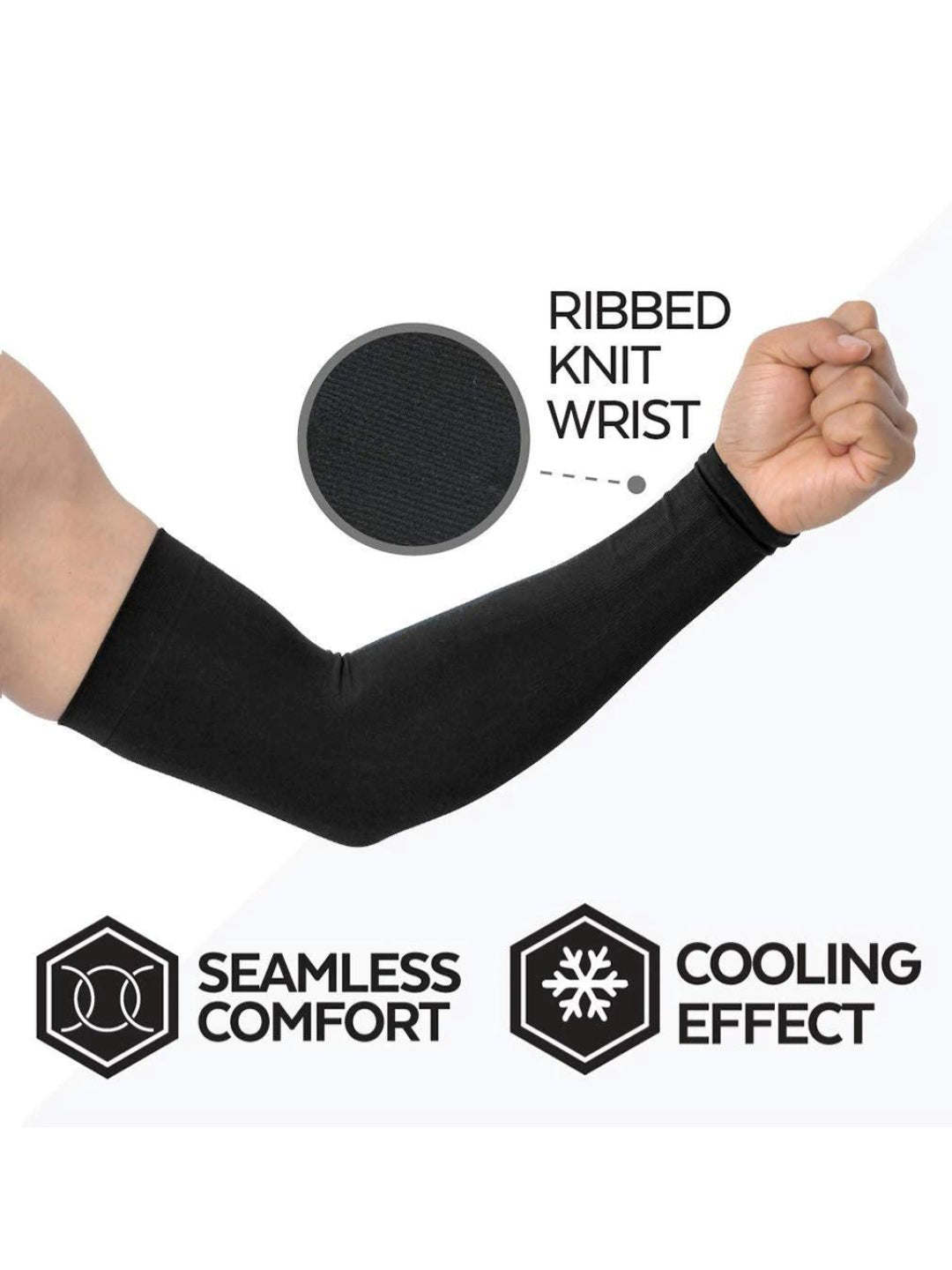 Black athletic arm sleeve with ribbed knit wrist, seamless comfort, and cooling effect for sports performance.