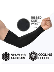 Black athletic arm sleeve with ribbed knit wrist, seamless comfort, and cooling effect for sports performance.