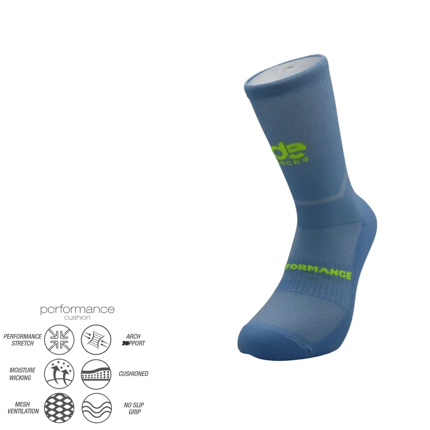 Blue performance athletic sock with green branding, featuring stretch, moisture-wicking, and cushioned design