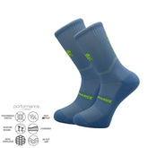 Blue performance athletic socks with neon green accents, featuring cushioned arch support and moisture-wicking mesh ventilation for running, cycling, tennis, and training.