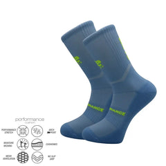 Blue performance athletic socks with neon green accents, featuring cushioned arch support and moisture-wicking mesh ventilation for running, cycling, tennis, and training.