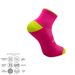 Pink and neon yellow performance athletic sock with cushioned arch support, moisture-wicking, and no-slip grip for running, cycling, tennis, or training.