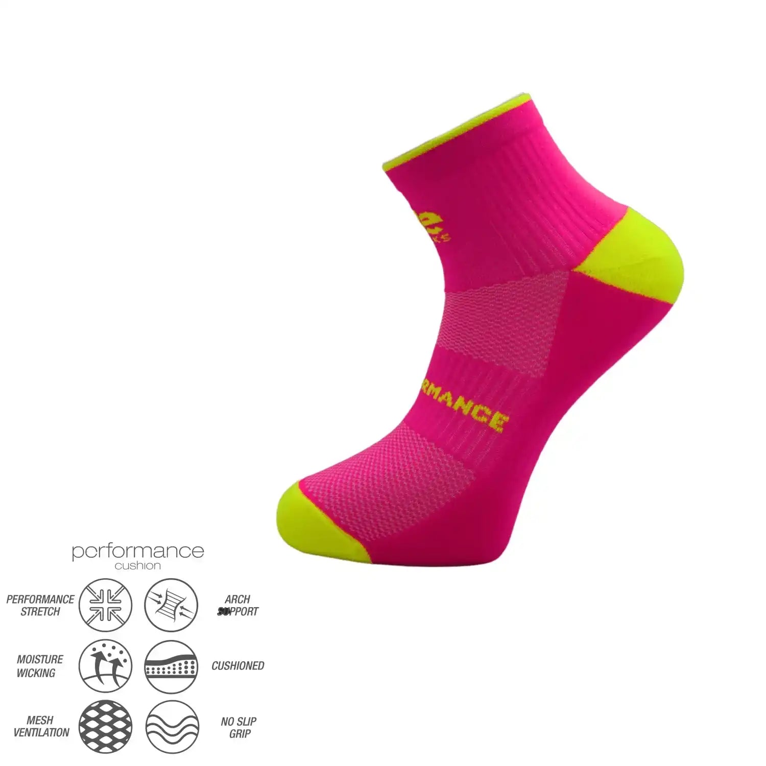 Pink and neon yellow performance athletic sock with cushioned arch support, moisture-wicking, and mesh ventilation for running, cycling, tennis, or training.