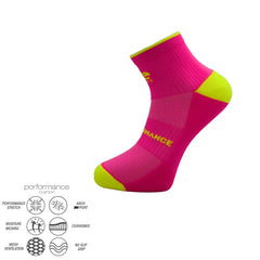 Pink and neon yellow performance athletic sock with cushioned arch support, moisture-wicking, and mesh ventilation for running, cycling, tennis, or training.