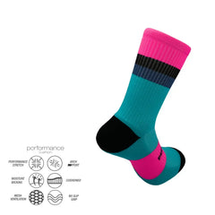 Performance athletic socks with pink, teal, and black stripes, featuring cushioned arch support and moisture-wicking fabric for running, cycling, and training.