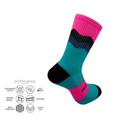 Performance athletic socks with pink, teal, and black stripes, featuring cushioned arch support and moisture-wicking tech for running or training.