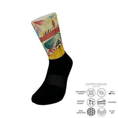 Colorful performance athletic sock with cushioned arch support, moisture-wicking, and mesh ventilation for running, cycling, tennis