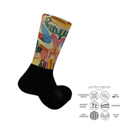 Colorful athletic performance socks with cushioned support and moisture-wicking design for running, cycling, and training.