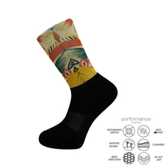 Colorful athletic sock with performance features for running, cycling, and training