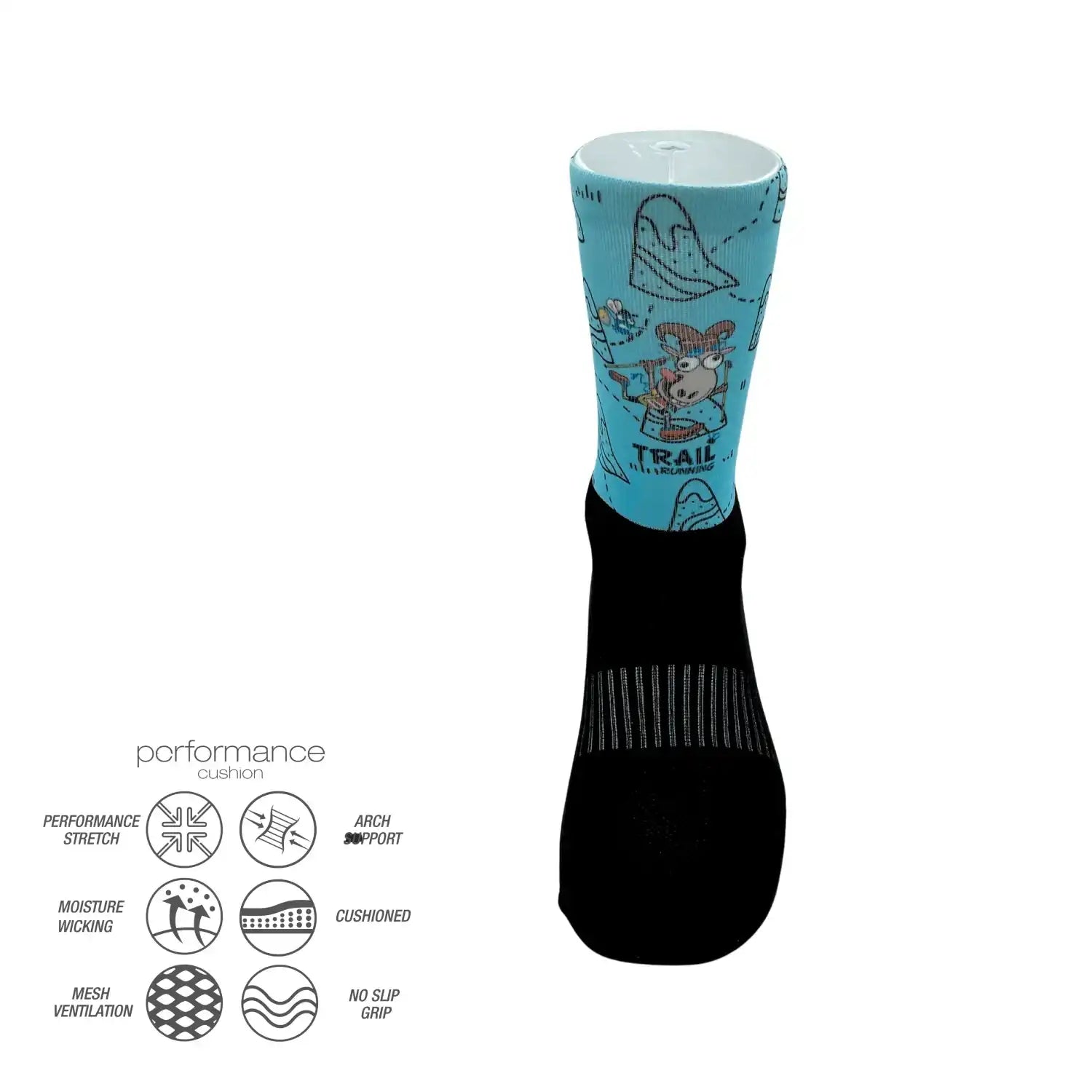 Trail running sock with cartoon design, performance cushion, arch support, moisture wicking, and no-slip grip